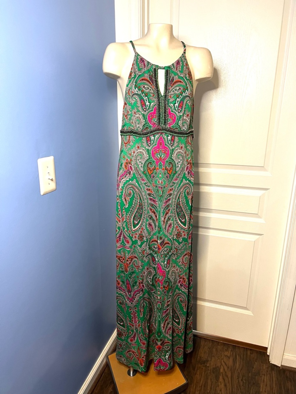 INC International Concepts Green Paisley Keyhole Maxi Dress with Pink Accents